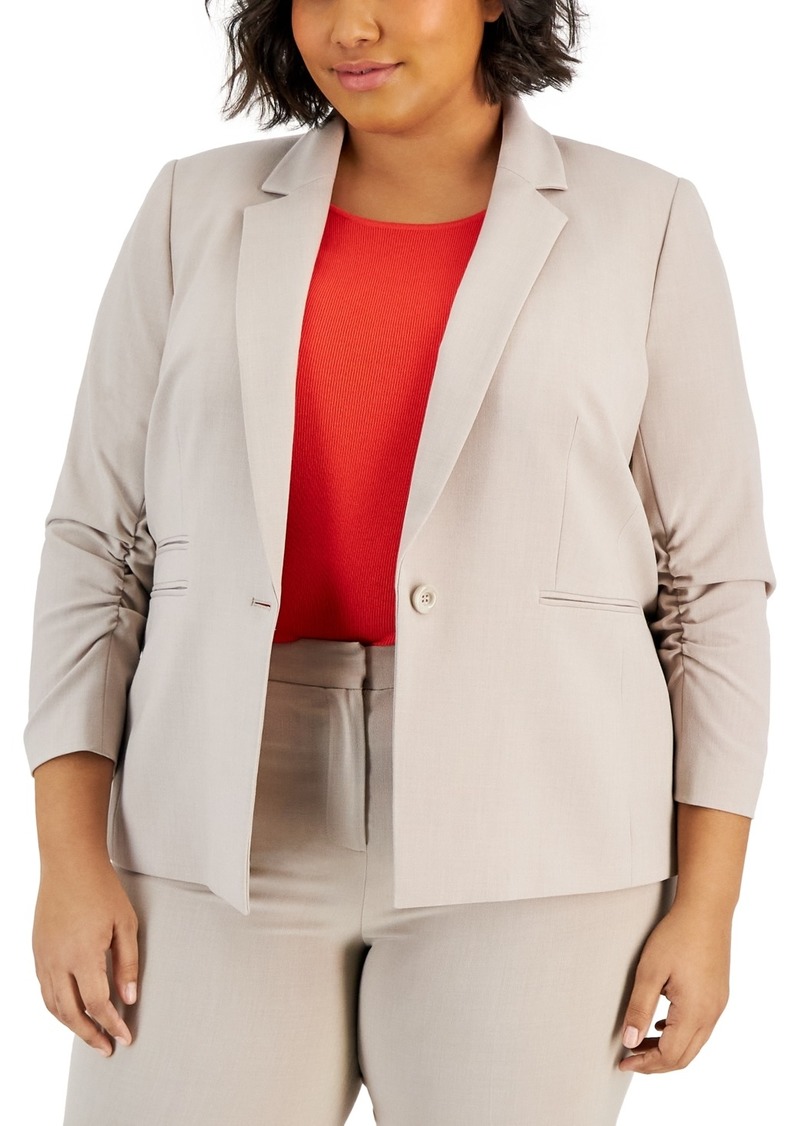 Tahari Asl Plus Size Notched Collar Ruched-Sleeve Blazer - Sand