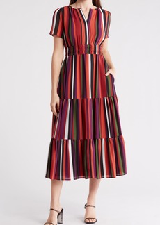 Tahari ASL Smocked Tiered Maxi Dress in Maroon/forest at Nordstrom Rack