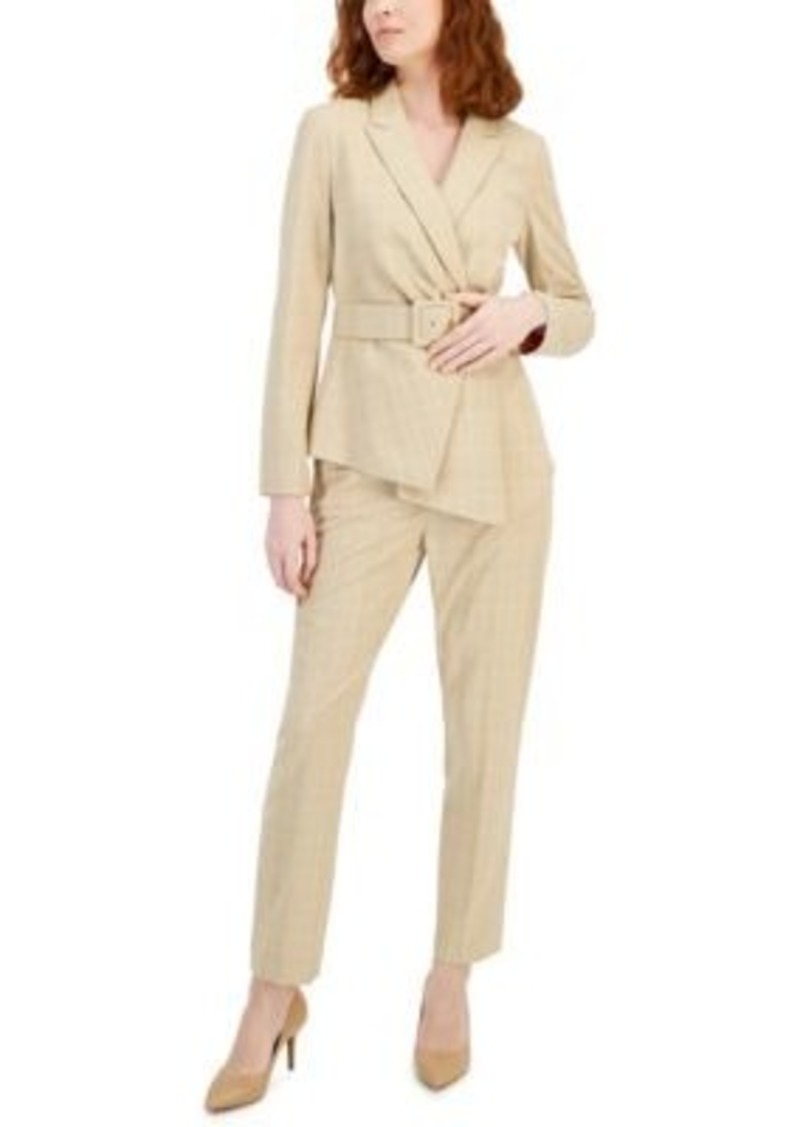 Tahari Asl Womens Belted Aysymetrical Plaid Blazer Straight Leg Mid Rise Pants