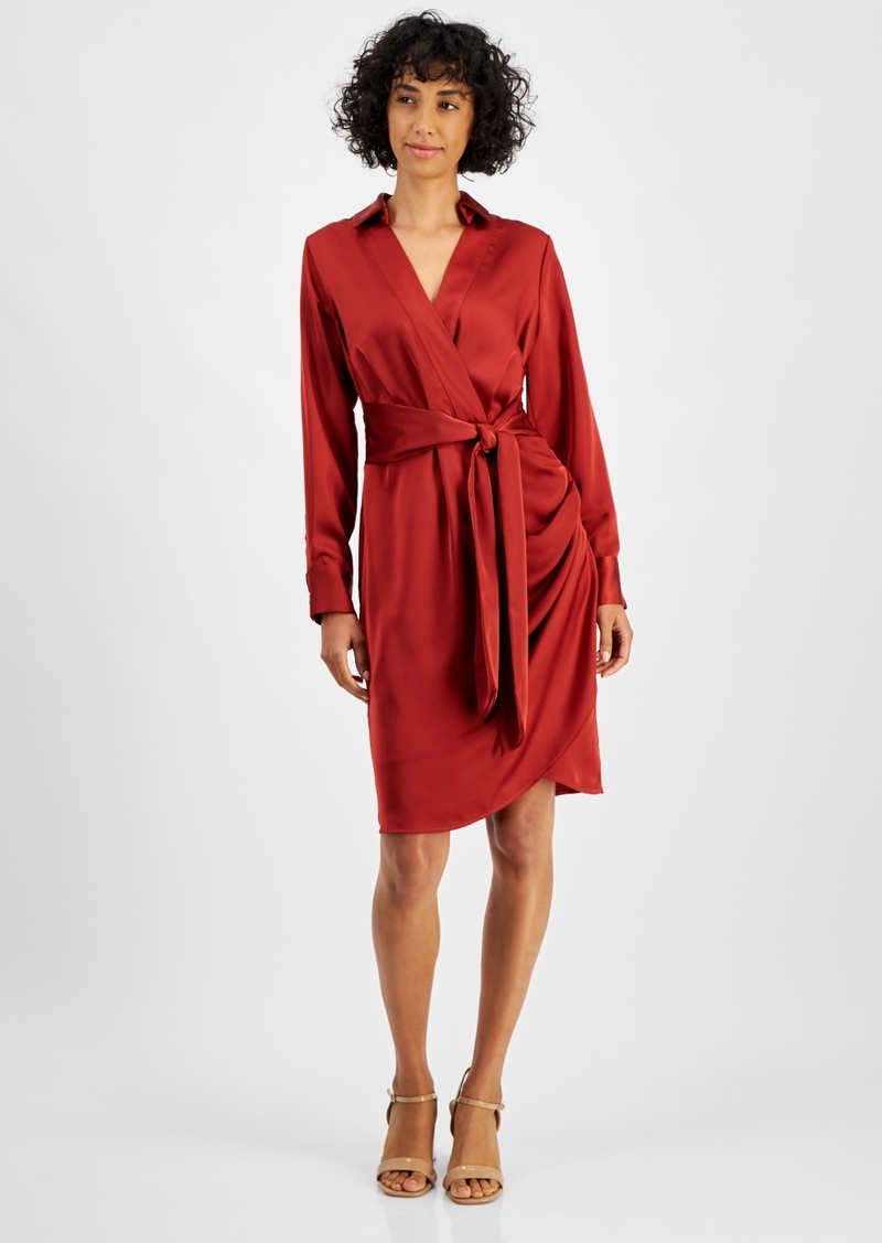 Tahari Asl Women's Collared Long-Sleeve Wrap Dress - Brick