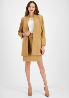 Tahari Asl Womens Faux Suede Stand Collar Jacket Twisted Keyhole Long Sleeve Ribbed Knit Top Faux Suede Pencil Skirt