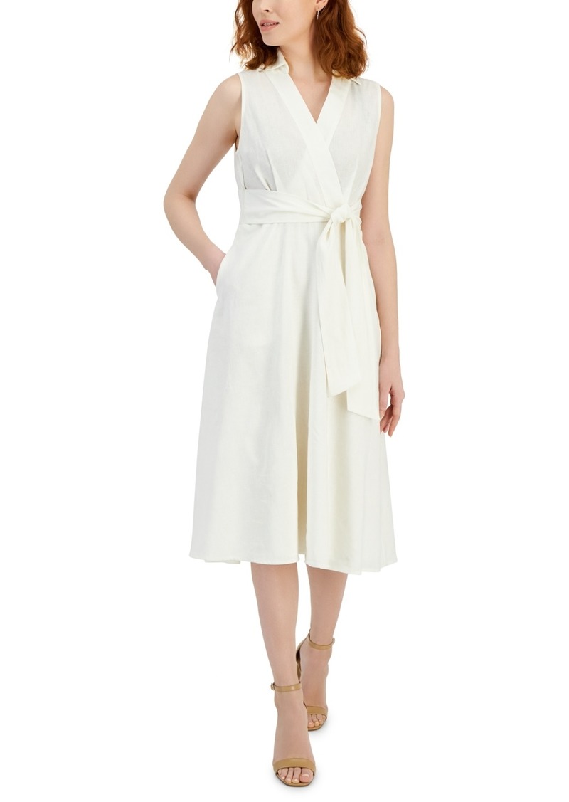 Tahari Asl Women's Faux-Wrap Linen Midi Dress - Ivory