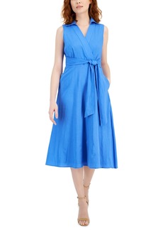 Tahari Asl Women's Faux-Wrap Linen Midi Dress - Summer Sky