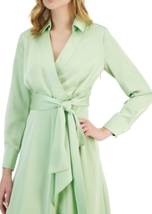 Tahari Asl Women's Faux-Wrap Long-Sleeve Midi Dress - Moss