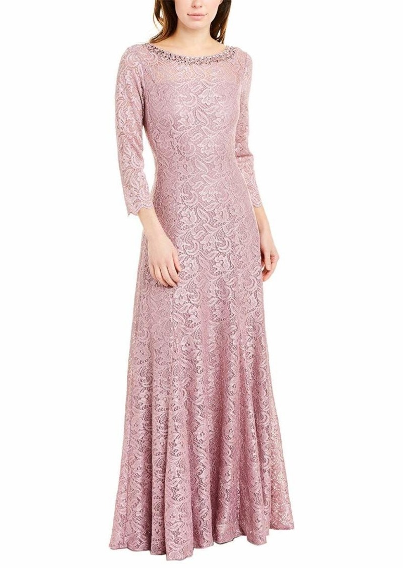 Tahari ASL Women's Long Sleeve Embellished Neck Gown