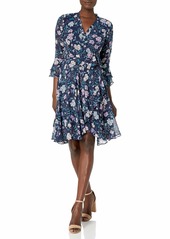 Tahari ASL Women's Petite Long Sleeve Floral Smocked Wrap Dress  14P