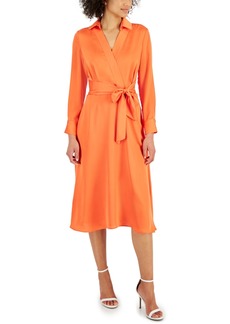 Tahari Asl Women's Long-Sleeve Satin Collared Midi Dress - Melon