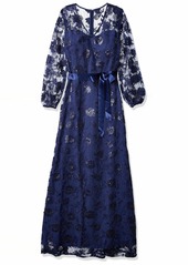 Tahari ASL Women's Long Sleeve V-Neck Full Length Embroidered Dress