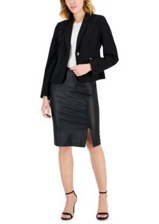 Tahari Asl Womens Long Sleeve Zip Pocket Blazer Faux Leather Slit Front Pencil Skirt