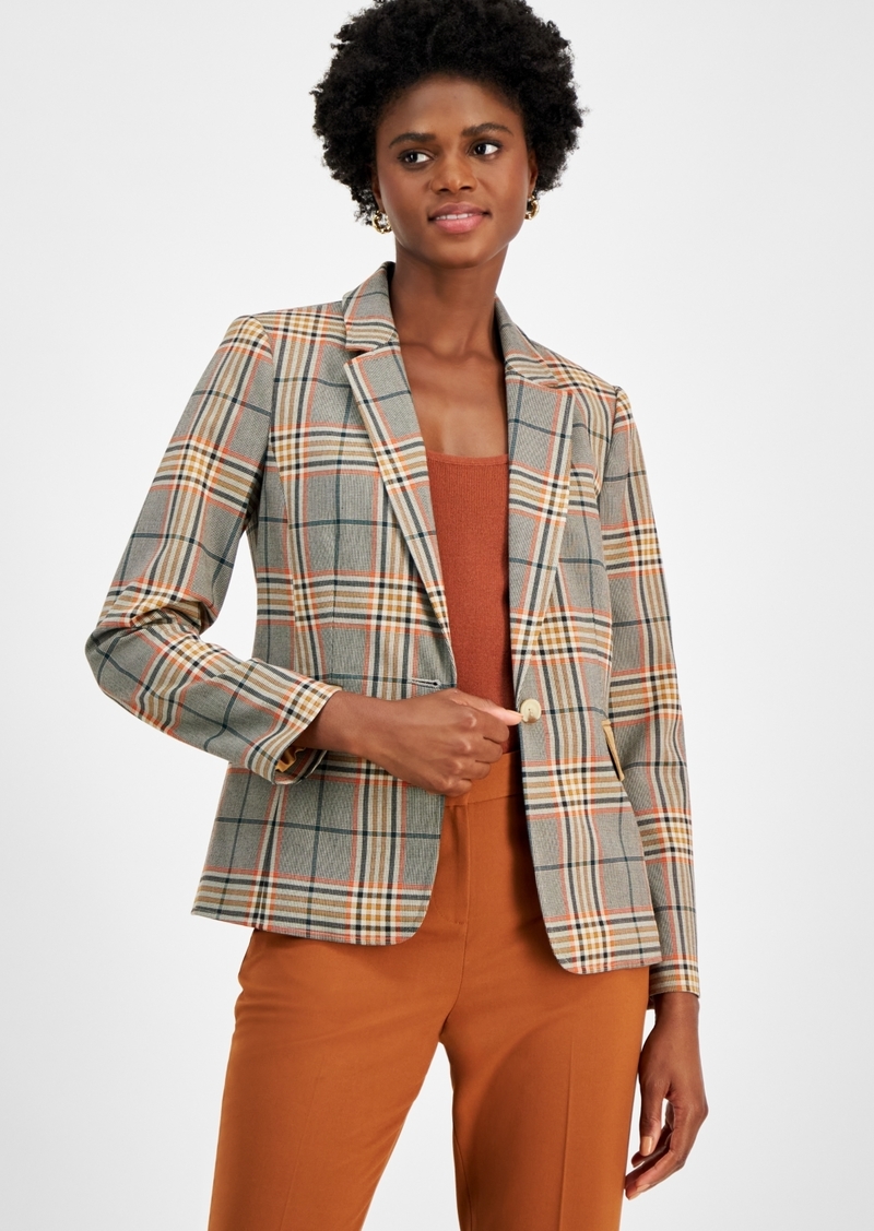 Tahari Asl Women's Plaid One-Button Suede-Pocket Jacket - Cognac/Black