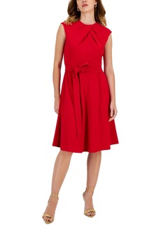Tahari Asl Women's Pleated-Neck Sleeveless Fit & Flare Dress - Rouge