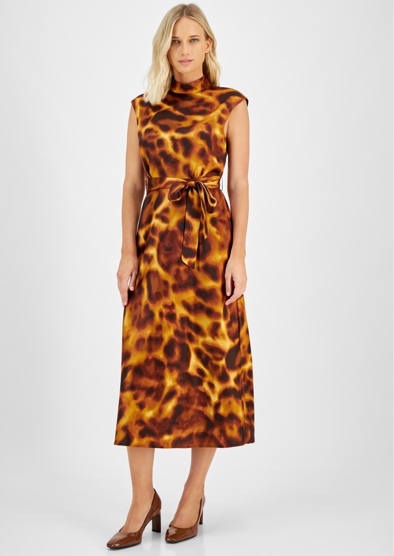 Tahari Asl Women's Printed Belted Midi Dress - Tortoise