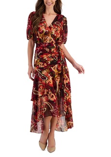 Tahari Asl Women's Printed Ruched Midi Dress - Burgundy Multi