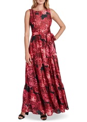 Tahari ASL Women's Sleeveless Floral Print Gown with Tiered Skirt