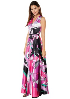 Tahari ASL Women's Sleeveless Surplus Floral Print Self Belt Maxi Dress