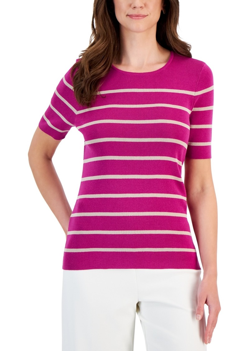 Tahari Asl Women's Striped Round-Neck Short-Sleeve Sweater Top - Wild Berry Sand