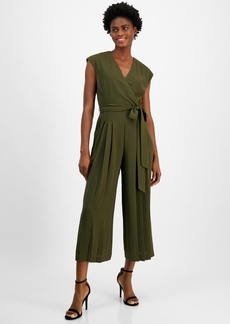 Tahari Asl Women's V-Neck Tie-Waist Pleat-Leg Jumpsuit - Loden