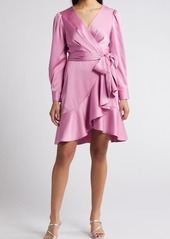 Tahari ASL Wrap Front Long Sleeve Satin Charmeuse Dress