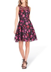 Tahari Embroidered Fit & Flare Dress in Black/Magenta/Green at Nordstrom