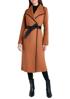 Tahari Women's Faux-Leather-Trim Belted Wrap Coat, Created for Macy's