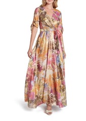 Tahari Floral Shimmer Short Sleeve Gown