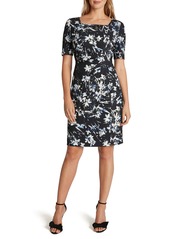 Tahari Floral Side Ruched Square Neck Sheath Dress