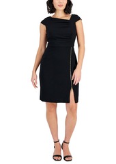 Tahari Petite Asymmetric-Neck Zip-Skirt Sheath Dress - Black