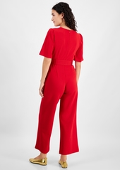 Tahari Petite Belted Wide-Leg Puffed-Shoulder Jumpsuit - Crimson