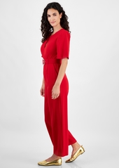 Tahari Petite Belted Wide-Leg Puffed-Shoulder Jumpsuit - Crimson