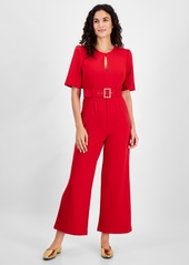 Tahari Petite Belted Wide-Leg Puffed-Shoulder Jumpsuit - Crimson