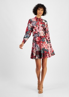 Tahari Petite Floral Button-Trim Belted Long-Sleeve Dress - Mulberry M