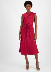 Tahari Petite Pleated-Neck Sleeveless Tie-Waist Midi Dress - Mulberry