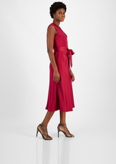 Tahari Petite Pleated-Neck Sleeveless Tie-Waist Midi Dress - Mulberry