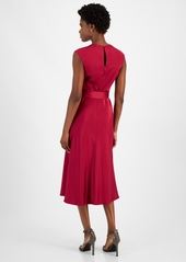 Tahari Petite Pleated-Neck Sleeveless Tie-Waist Midi Dress - Mulberry