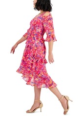 Tahari Petite Printed Cold-Shoulder Asymmetric-Ruffle Dress - Shocking Pink Multi