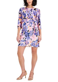 Tahari Petite Printed Elbow-Sleeve Side-Twist Dress - Lavender Multi