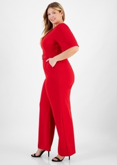 Tahari Plus Size Belted Wide-Leg Puffed-Shoulder Jumpsuit - Crimson