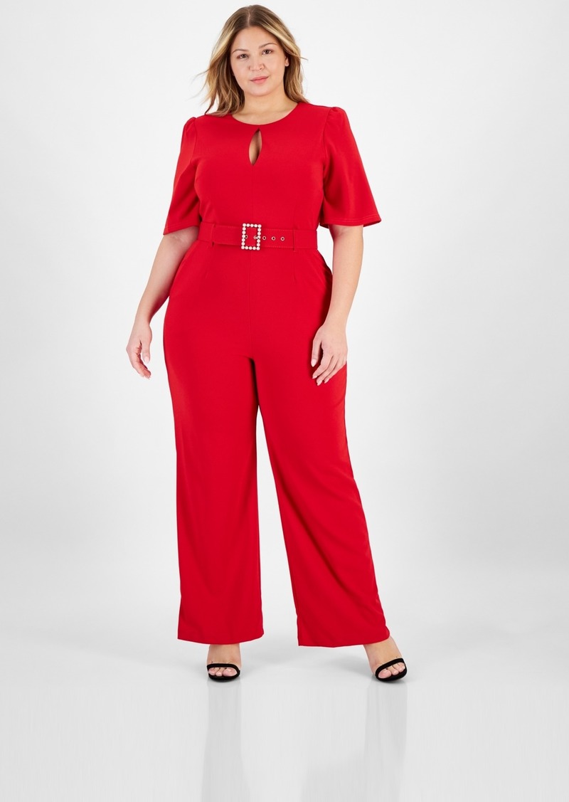 Tahari Plus Size Belted Wide-Leg Puffed-Shoulder Jumpsuit - Crimson