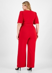 Tahari Plus Size Belted Wide-Leg Puffed-Shoulder Jumpsuit - Crimson