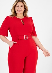 Tahari Plus Size Belted Wide-Leg Puffed-Shoulder Jumpsuit - Crimson