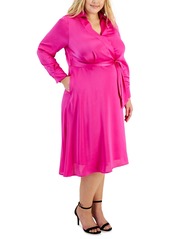 Tahari Asl Plus Size Collared V-Neck Side-Tie Midi Dress - Shocking Pink
