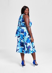 Tahari Plus Size Floral Halter Mock Neck Midi Dress - Blue Multi