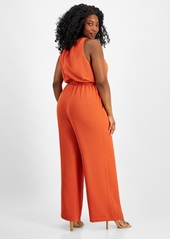 Tahari Plus Size Keyhole Sleeveless Wide-Leg Jumpsuit - Lava