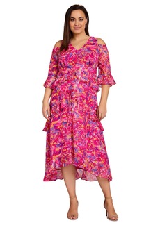 Tahari Plus Size Printed Cold-Shoulder Tiered Ruffled Maxi Dress - Shocking Pink Multi