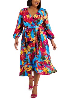 Tahari Plus Size Printed Long-Sleeve Satin Faux-Wrap Dress - Wild Berry Multi