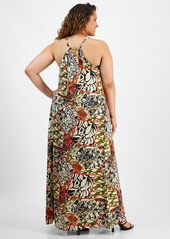 Tahari Plus Size Printed V-Neck Sleeveless Maxi Dress - Black Natural