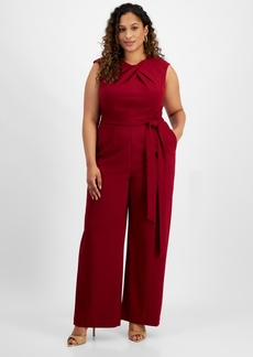 Tahari Plus Size Sleeveless Scuba Crepe Tie-Waist Jumpsuit - Mulberry