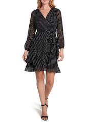 Tahari Polka Dot Long Sleeve Faux Wrap Dress in Black White Dot Stripe at Nordstrom