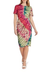 Tahari Scuba Crepe Ruched Dress in Pink Lapis Waves at Nordstrom