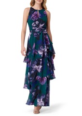 TAHARI Sleeveless Tiered Floral Maxi Dress in Purple Green Floral at Nordstrom